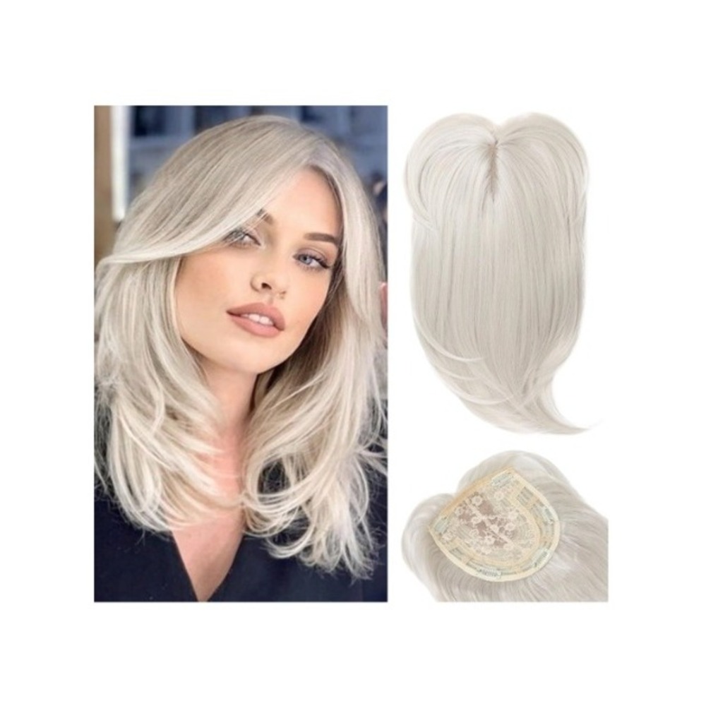 HOOJIH 14 Inch Silver Gray Warm Blonde Hair Topper with Bangs Synthetic Fiber